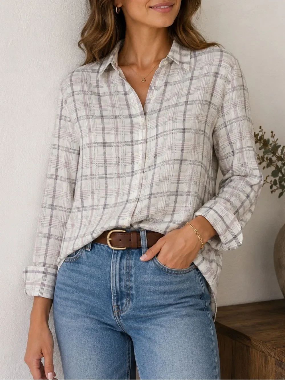 PAIGE Delisa White Lilac Plaid Button Front Blouse Long Sleeve Relaxed Fit M